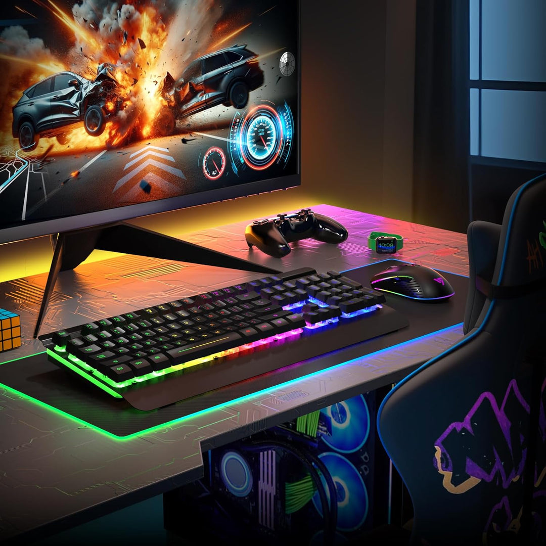 RisoPhy Gaming Tastatur Maus Set Kabellos, QWERTZ, Metallplatte, 7 Farben Beleuchtet, Wiederaufladba