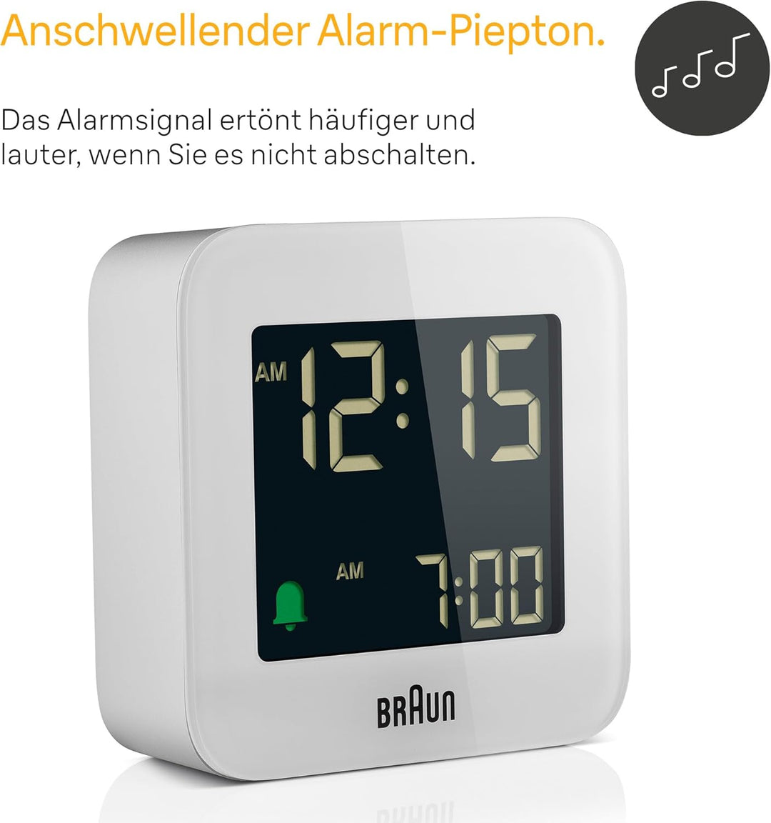 Braun Digitaler Reisewecker mit Snooze-Funktion, kompakte Grösse, Negatives LCD-Display, Schnelleins