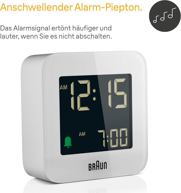 Braun Digitaler Reisewecker mit Snooze-Funktion, kompakte Grösse, Negatives LCD-Display, Schnelleins