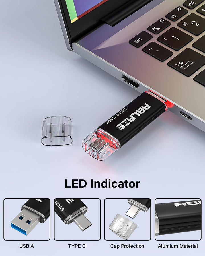 ABLAZE USB C Stick 128GB 2 Stück, Dual-USB Typ C + USB A 3.0 Speicherstick, OTG Flash Drive für Andr