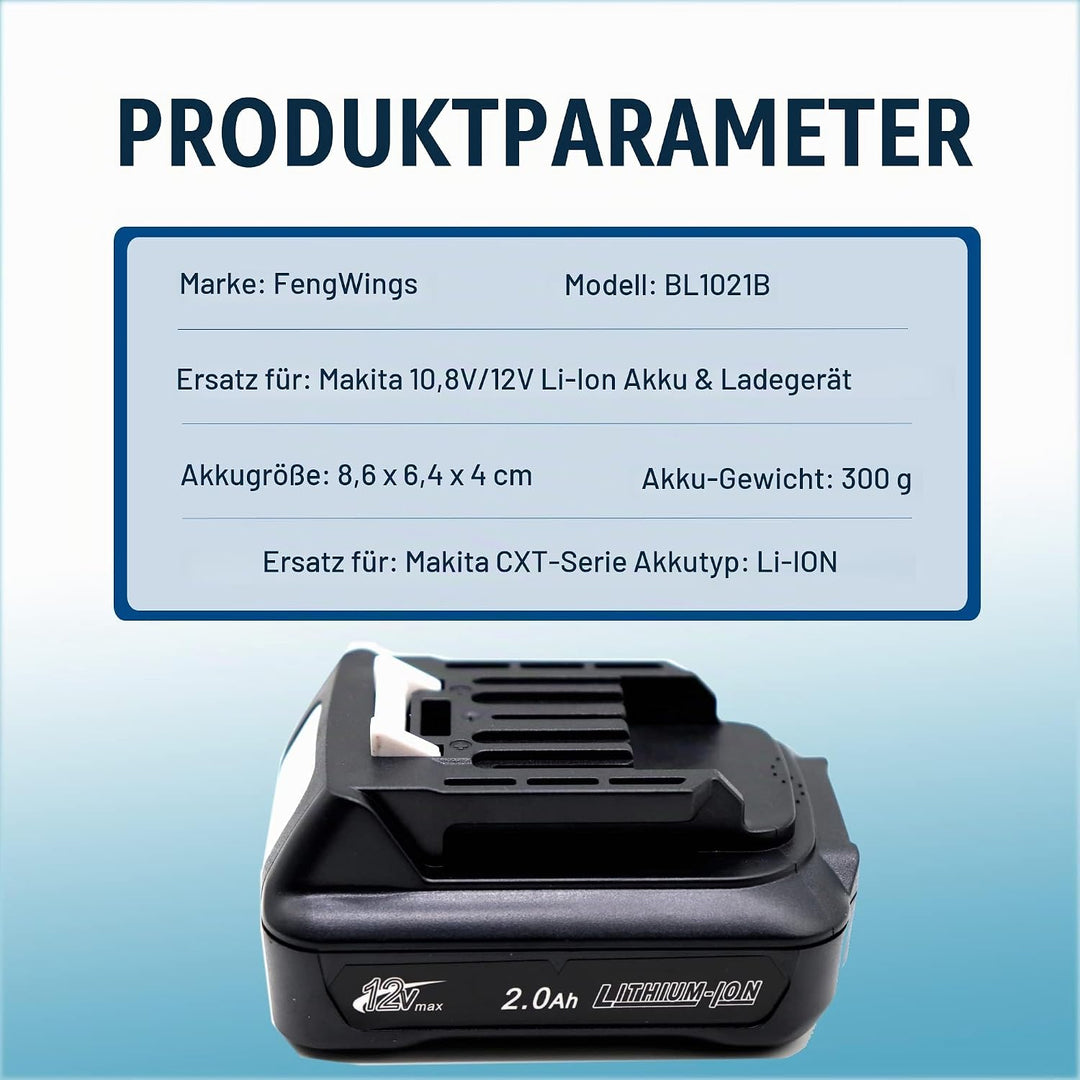 FengWings® 2 Stück BL1021B Akku，12V 2,0Ah Ersatzakku für Makita 12V Akku BL1021B BL1016 BL1041B 1973