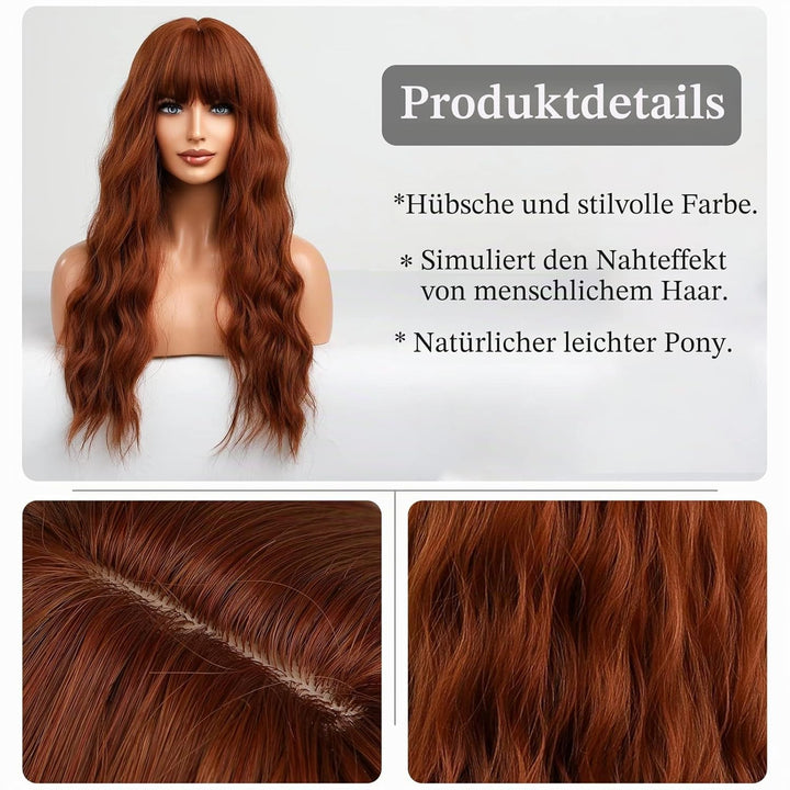 HAIRCUBE Orange Perücke mit Pony Lange Kupfer Rot Lockige Perücken für Frauen Lange AuburnHitzebestä