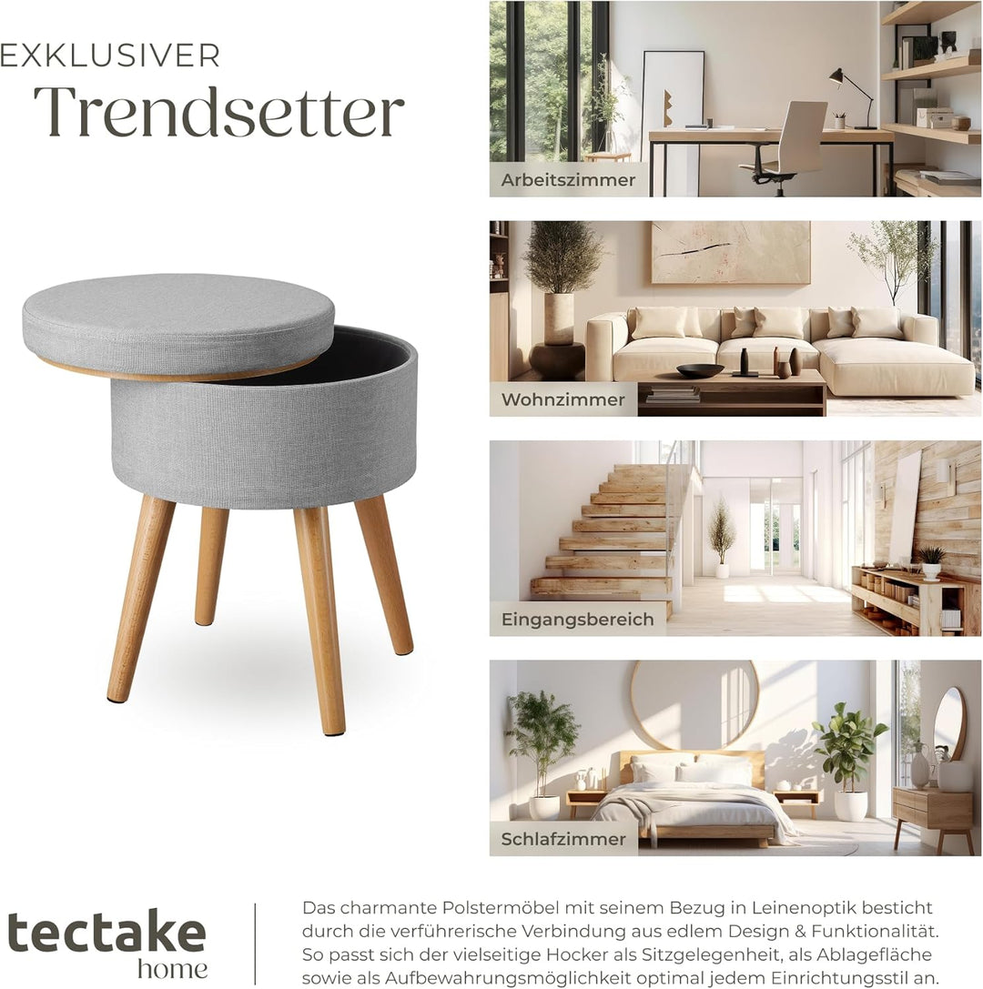 tectake 800836 Sitzhocker mit Stauraum in Leinenoptik, bis 300 kg belastbar, rund, Deckel abnehmbar,