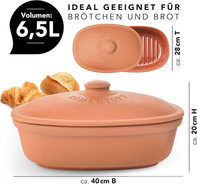 Römertopf Brottopf MAXI aus natürlicher Keramik, Aufbewahrungsbehälter aus Ton 6,5 Liter Single Terr