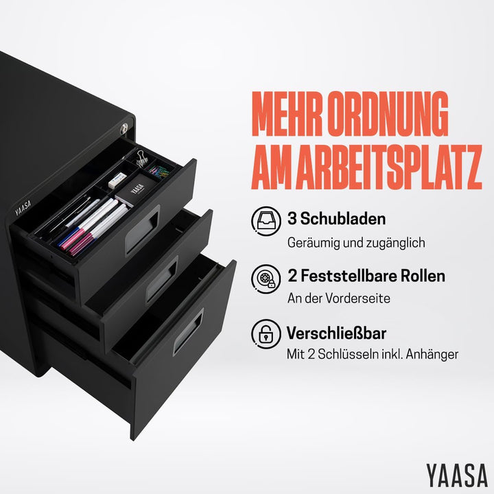 Yaasa File Cabinet Curved Standard Schwarz - Rollcontainer aus Stahl, Aktenschrank mit 3 verschliess