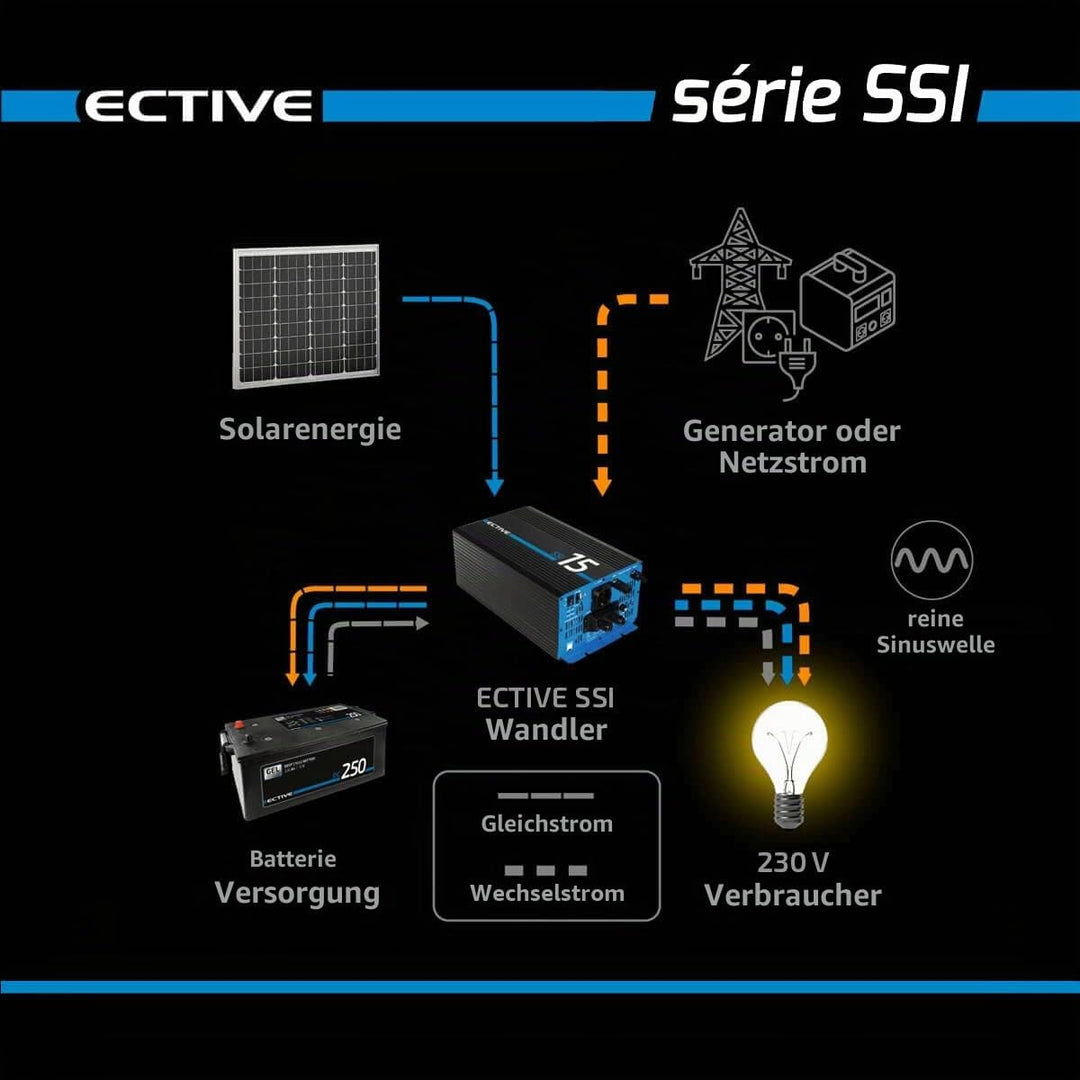 ECTIVE Reiner Sinsus Wechselrichter SSI 30-000W, 20A, 24V auf 230V, Überlastschutz, Überhitzungsschu