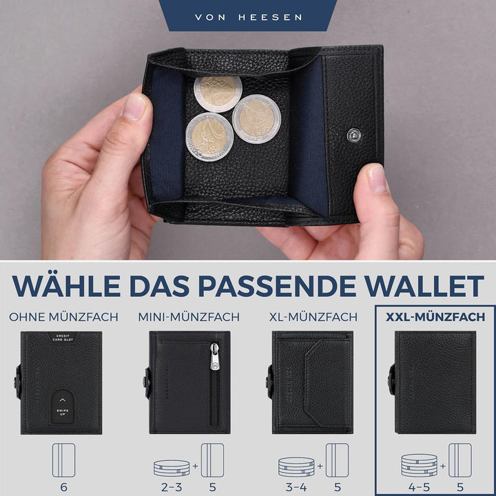 VON HEESEN Slim Wallet mit XXL Münzfach & RFID-Schutz - Leder Geldbeutel - Mini Geldbörse für Herren