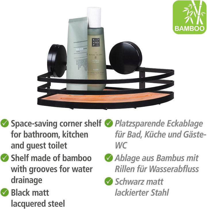 WENKO Static-Loc® Plus Eckablage Mod. Alba, Badezimmerablage aus lackiertem Stahl &amp; Bambus, Befestig