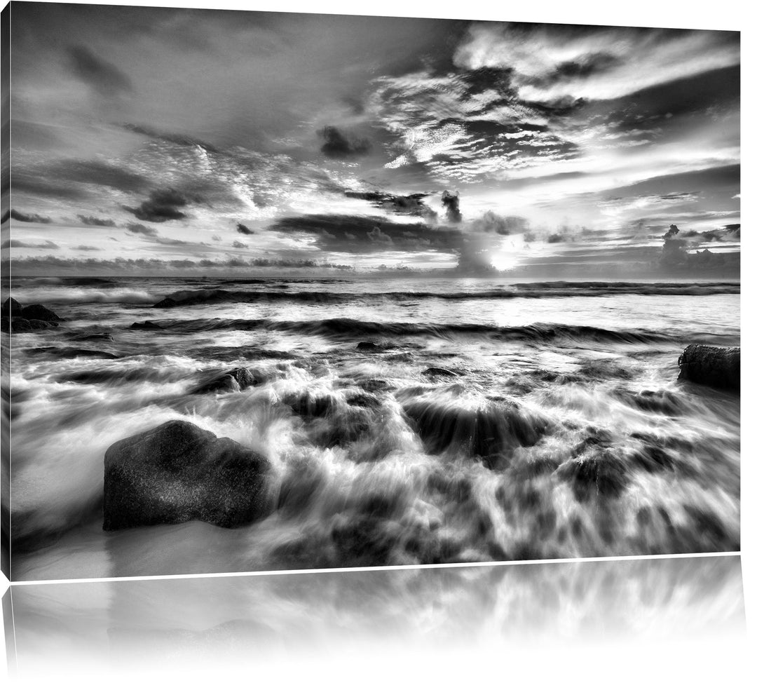 Pixxprint Sonnenuntergang am Meer / 100x70cm Leinwandbild bespannt auf Holzrahmen/Wandbild Kunstdruc