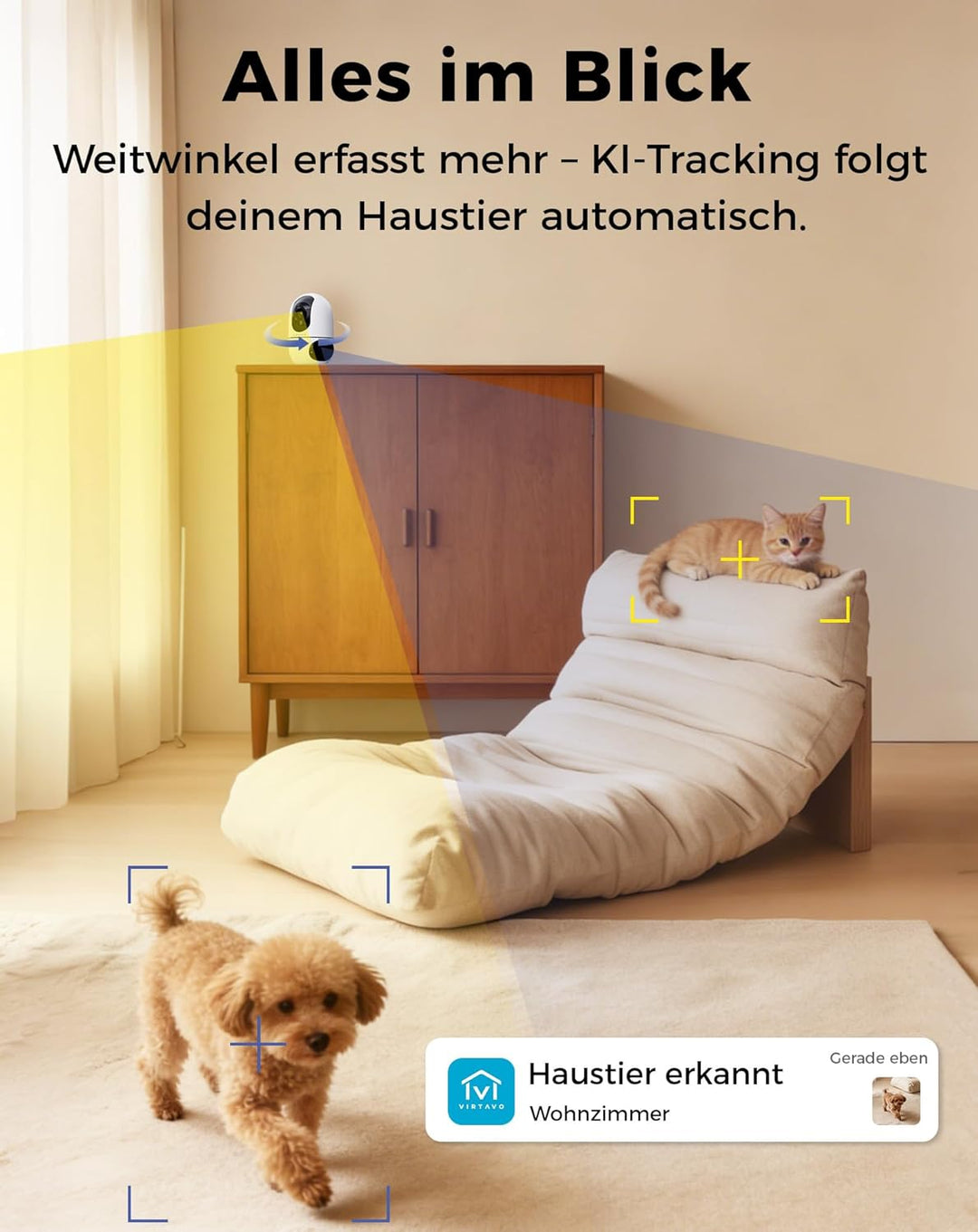 VIRTAVO WLAN Dual Kamera Überwachung Innen, 2 Ansichten Gleichzeitig, Ohne ABO, Smart Tracking, Rund