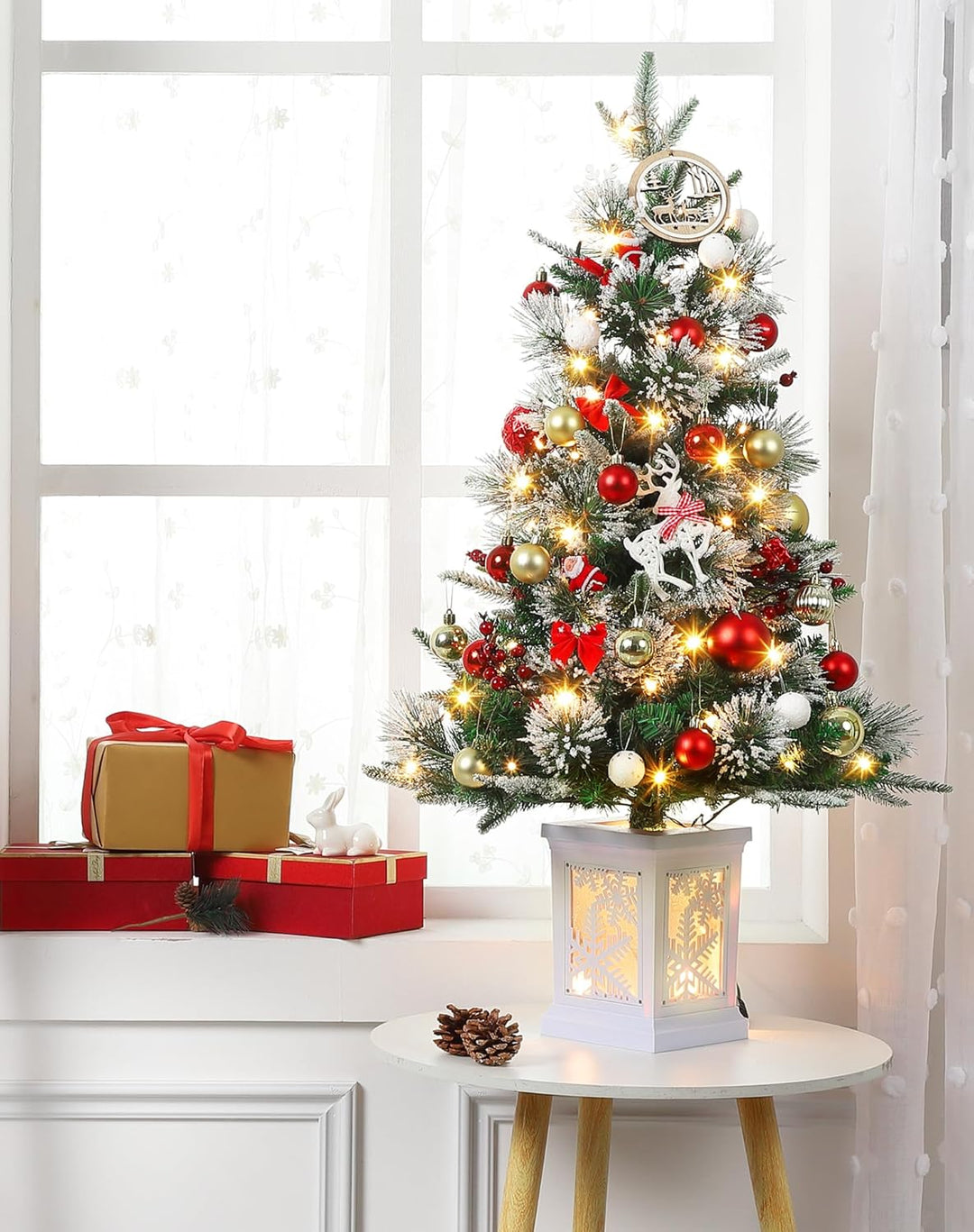 2PCS 90cm Weihnachtsbaum künstlich mit 78 Beleuchtung,Batteriebetrieben Pre-lit Premium Snow Flocked