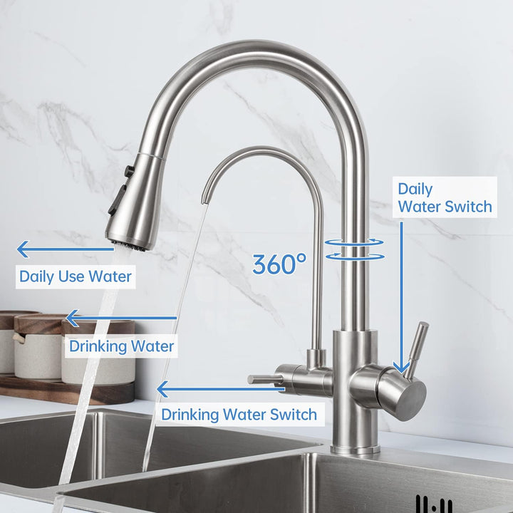3 Wege Wasserhahn Edelstahl, 360° Drehbar Trinkwasserhahn mit Ausziehbarer Handbrause, 3 in 1 Küchen
