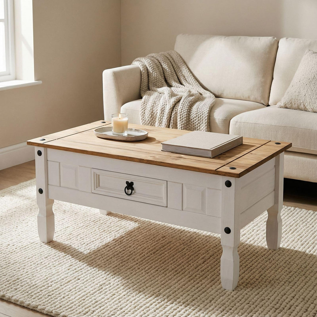 CARO-Möbel Couchtisch Campo im Mexiko-Stil Wohnzimmertisch Beistelltisch Kiefer massiv, braun/weiss