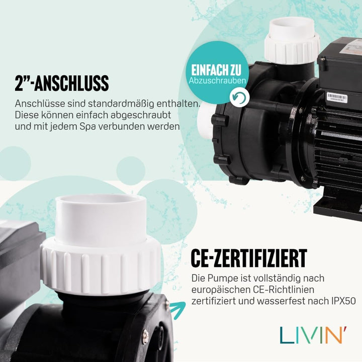 LIVIN' LX WP300 Jet poolpumpen - pool filterpumpe 2.2 kW/ 3 HP, Whirlpool umwälzpumpe 730L/ Min für