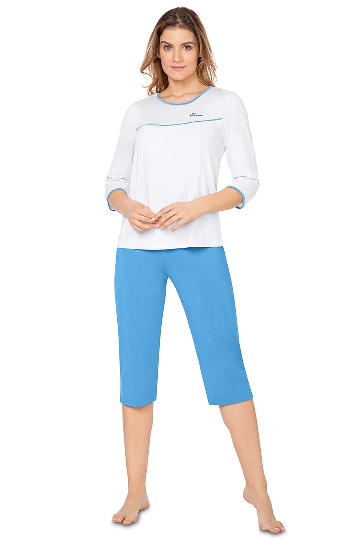 e.Femme® Damen Schlafanzug Nicole II 870 aus 50% Baumwolle und 50% Modal 38 Blau, 38 Blau