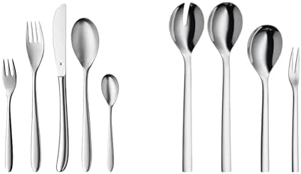 WMF Silk Besteck Set 12 Personen, Essbesteck 60 teilig, Monobloc-Messer & Nuova Servierteile Set 4-t