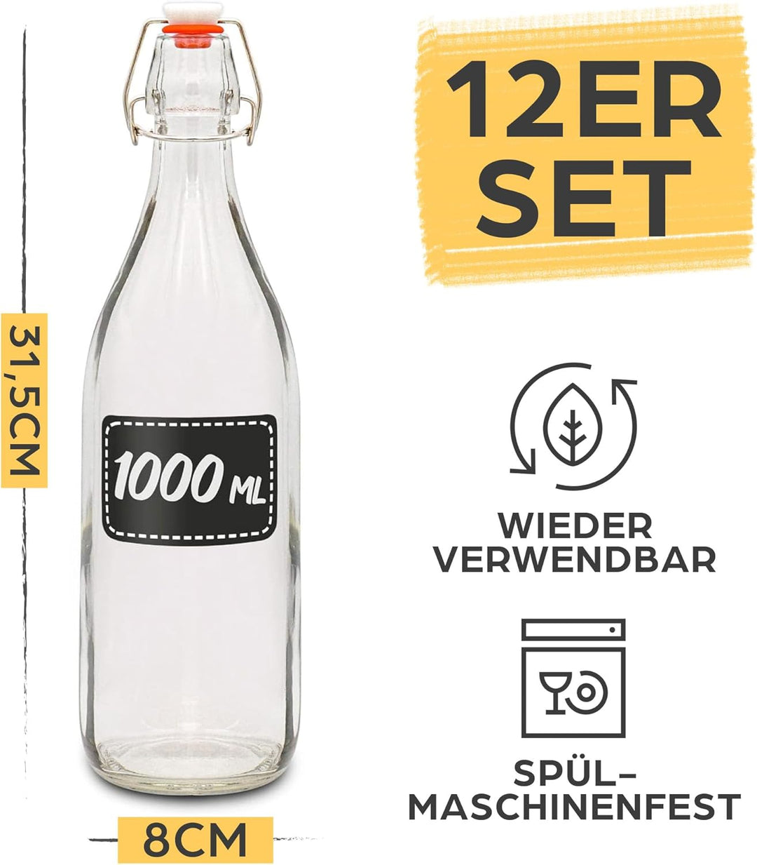 Praknu 12er Set Glasflaschen 1l mit Bügelverschluss - Bügelflaschen Zum Befüllen - inkl 12 Extra Dic