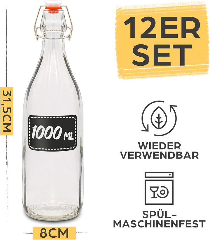 Praknu 12er Set Glasflaschen 1l mit Bügelverschluss - Bügelflaschen Zum Befüllen - inkl 12 Extra Dic