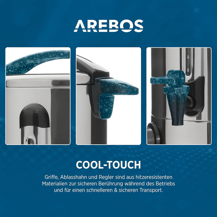 Arebos Glühweinkocher 1650 W | Heissgetränkespender | 20 L | mit Auffangschale, Auslasshahn, Thermos