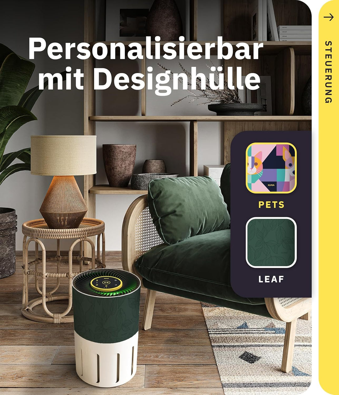 Luftreiniger Allergiker 360° HEPA-Filter Leaf entfernt 99,99% der Tierhaare, Staub & Pollen I 300 CA