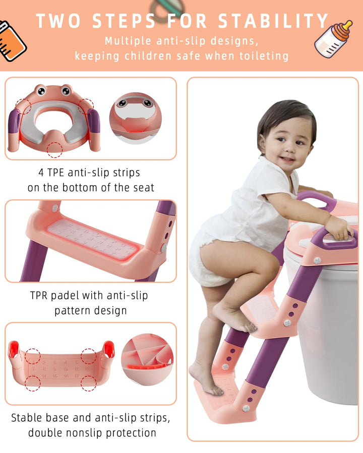 Toilettensitz Kinder mit Treppe, Toilettentrainer für Kinder, WC Sitz mit PU Gepolsterter, Höhenvers