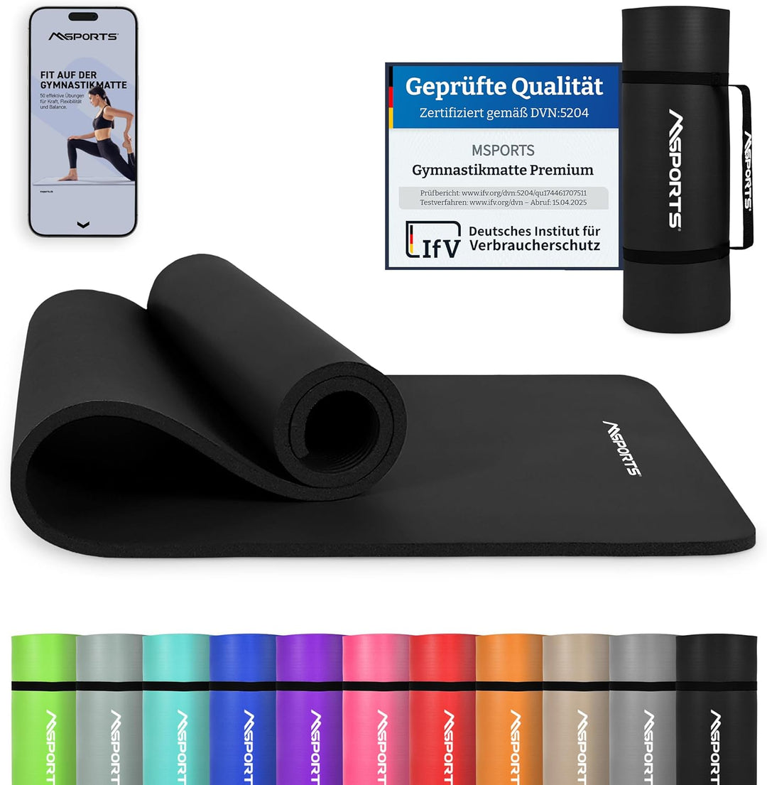 MSPORTS Gymnastikmatte Premium inkl. Tragegurt + Übungsposter + Workout App I Hautfreundliche Fitnes