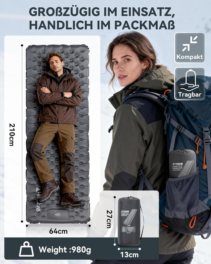 HIKENTURE Isomatte Camping R-Wert 7,3 mit Fusspumpe, 10CM Ultradicke Isomatte 210x64cm, Warme Schlaf