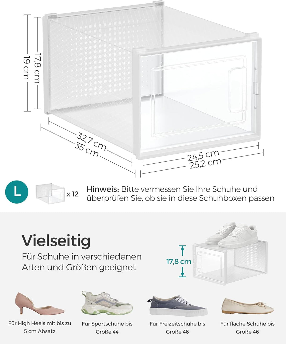 SONGMICS Schuhboxen, 12er Pack Schuhkartons, faltbar und stapelbar, bis Grösse 46, transparent-weiss