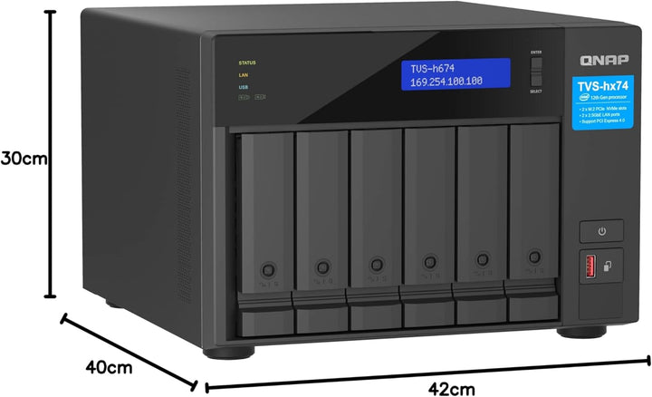 Qnap TVS-h674-i3-16G Intel Core i3 Prozessor, 16 GB RAM, PCIe Gen 4, Schwarz, 6 Bay