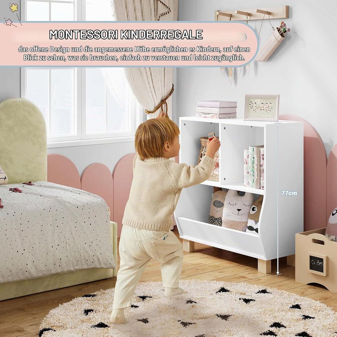 Lestarain Bücherregal Kinder, Regal weiss mit 3 Fächern, Montessori Kinderregal, Spielzeugregal mit