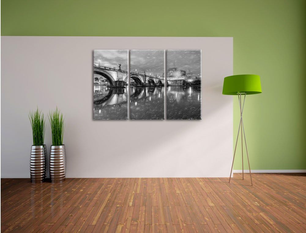 Pixxprint Nachtansicht von S. Angelo-Brücke Kunst Buntstift Effekt 3-Teiler Leinwandbild 120x80 Bild