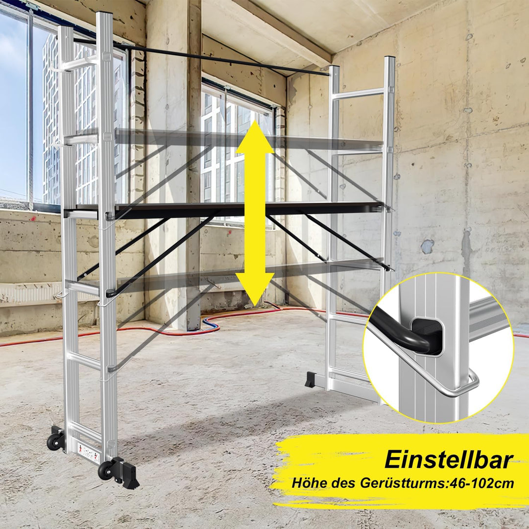 Gimisgu Gerüst, 4 in 1 Alu Multifunktionsleiter 6+6 Stufen, Mobile Mehrzweckleiter mit Plattform und