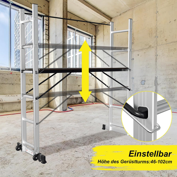 Gimisgu Gerüst, 4 in 1 Alu Multifunktionsleiter 6+6 Stufen, Mobile Mehrzweckleiter mit Plattform und
