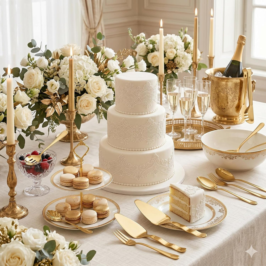Luxus Goldenes Besteck & Servierset aus Edelstahl – Komplettes Tafelbesteck Set für Hochzeit, Gäste