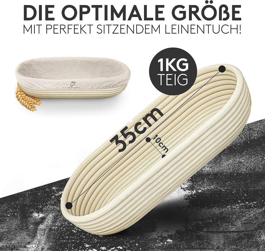 Ovaler Gärkorb 35 cm - Robustes Brotkorb-Set mit Leineneinsatz - Ideal für 1 kg Teig - Ideal für Sau