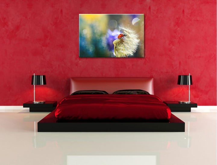 Marienkäfer auf Pusteblume Format: 100x70 auf Leinwand, XXL riesige Bilder fertig gerahmt mit Keilra