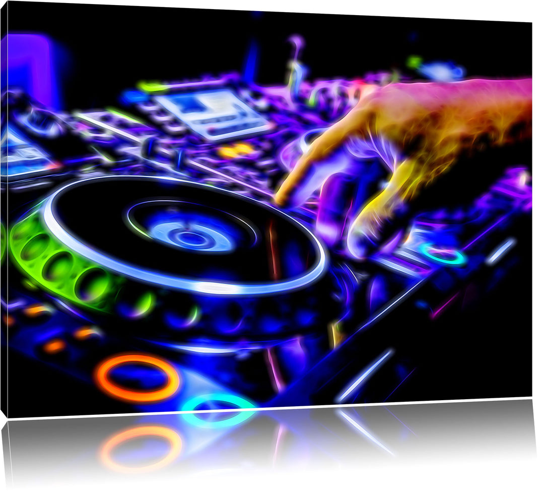 Pixxprint DJ Plattenteller, Cool Music Neon Lights Effekt, Format: 100x70 auf Leinwand, 100x70