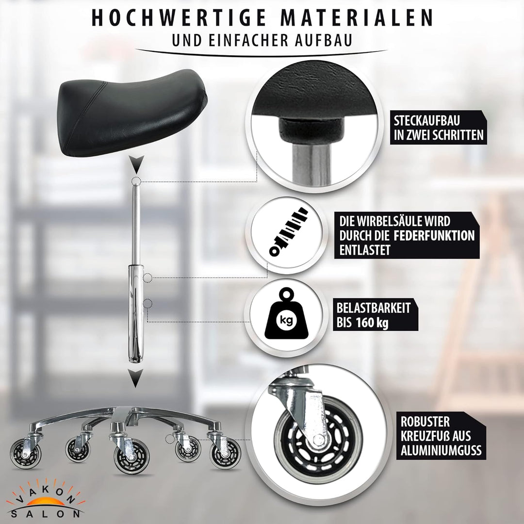 Premium Sattelhocker, Sattelstuhl für Rückenentlastung, Rollhocker höhenverstellbar von 50-65 cm Dre