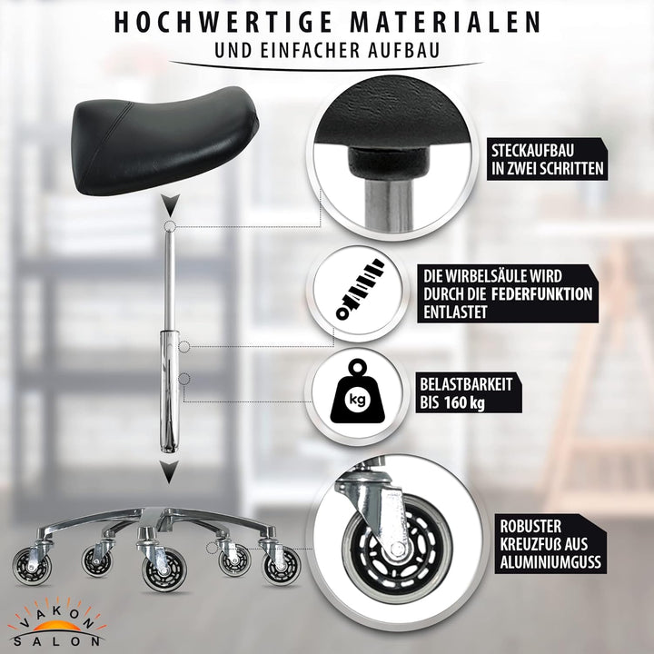 Premium Sattelhocker, Sattelstuhl für Rückenentlastung, Rollhocker höhenverstellbar von 50-65 cm Dre