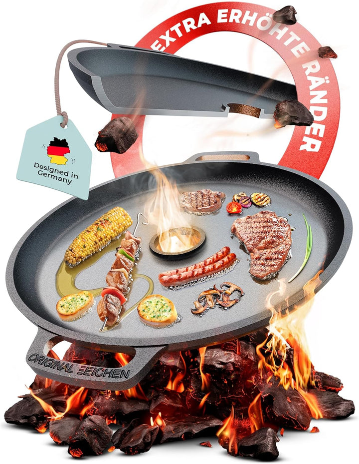 Drei Eichen Feuerplatte aus Gusseisen mit Tropfschutz. Ø35cm. Grillplatte Plancha ideal für Raketeno