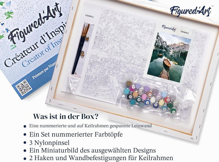 Figured'Art Malen Nach Zahlen Erwachsene Mit Rahmen Boot und Gebirgssee - Paint by Numbers Basteln D