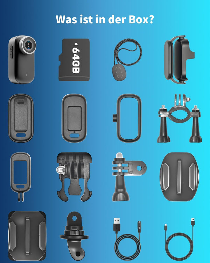 Action Cam 4K WiFi, Körperkamera Mini Bodycam 64GB, 150° Kleine Motorrad Sportkamera Helmkamera mit