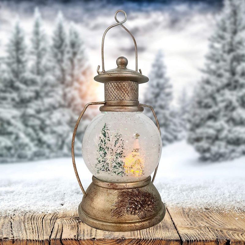 XL LED Schneekugel Weihnachten Laterne viele Melodien Glitzerkugel Winterwald Vintage