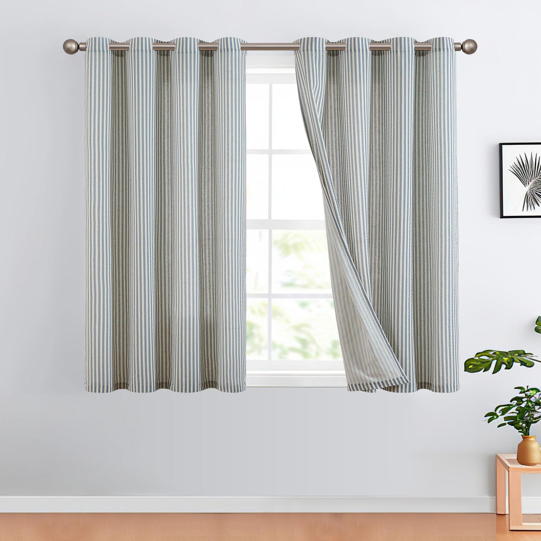 TOPICK Vorhänge Gestreifte Gardinen Modern 2er Set H145xB130 Blau Beige | Leinen Vorhänge Leinenopti