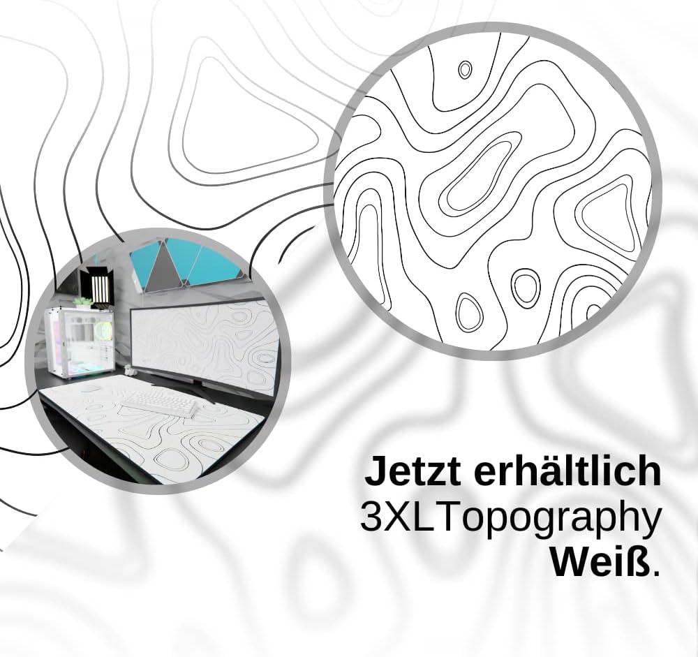 NYFTER - XXL Gaming Mauspad weiss im Topography design 900 x 500mm Premium Mousepad Size Gross vernä