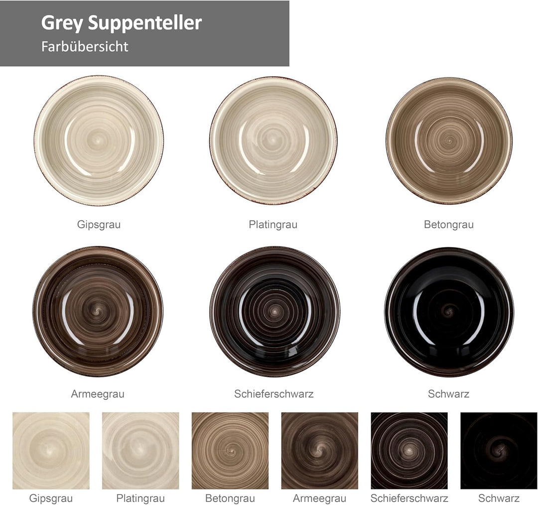 MamboCat Grey 6er Set Suppen-Teller grau I Robustes graues Steingut-Geschirr für 6 Personen I Tiefe