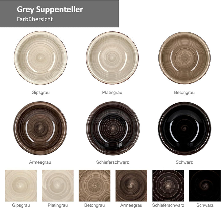 MamboCat Grey 6er Set Suppen-Teller grau I Robustes graues Steingut-Geschirr für 6 Personen I Tiefe