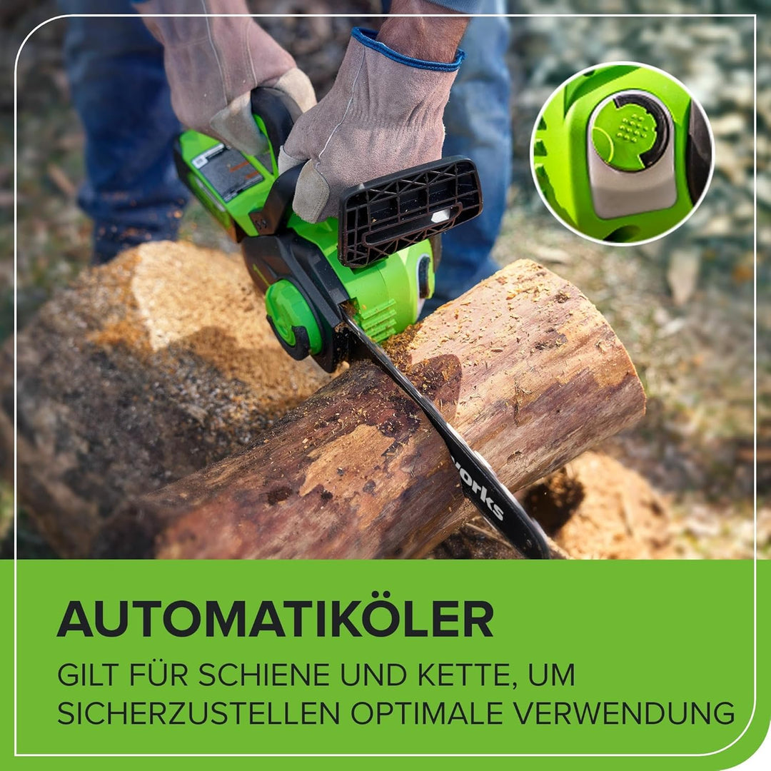 Greenworks Akku Kettensäge mit Akku und Ladegerät, 12 Zoll (30 cm) Blattlänge, 4,2 m/s Kettengeschwi