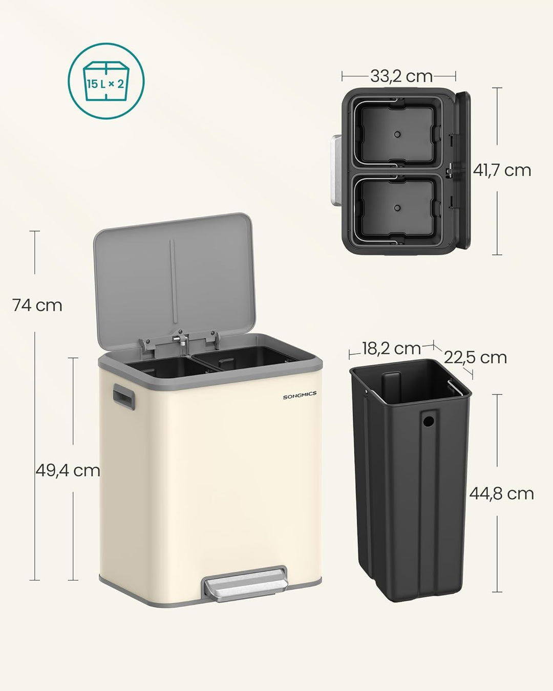 SONGMICS Mülleimer Küche, Mülltrennsystem 2 x 15 L, 2 Fächer für Recycling und Restmüll, Abfalleimer