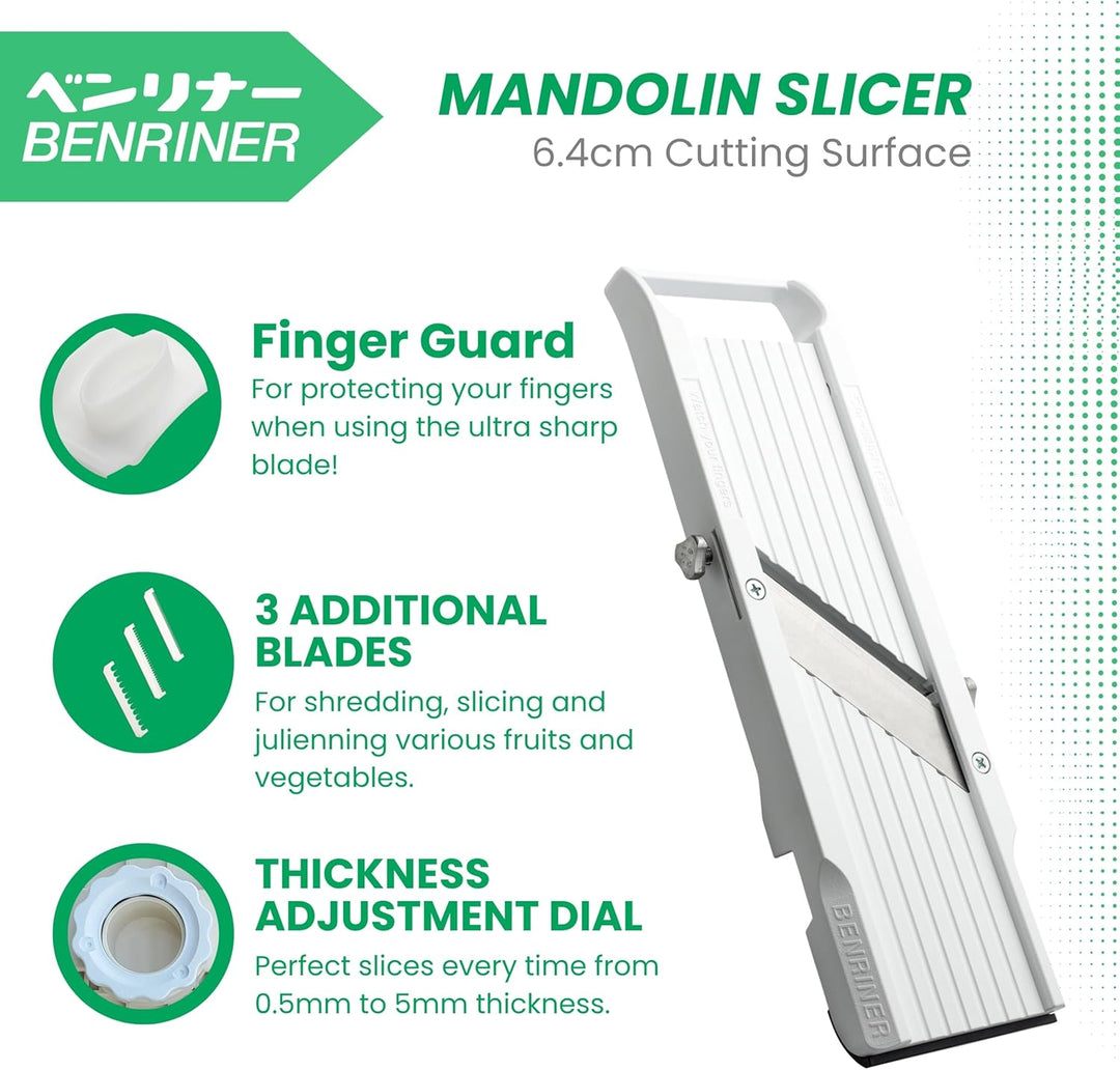 Benriner BN-3GR Japanischer Hand-Mandolinenschneider mit drei austauschbaren Edelstahlklingen, elfen